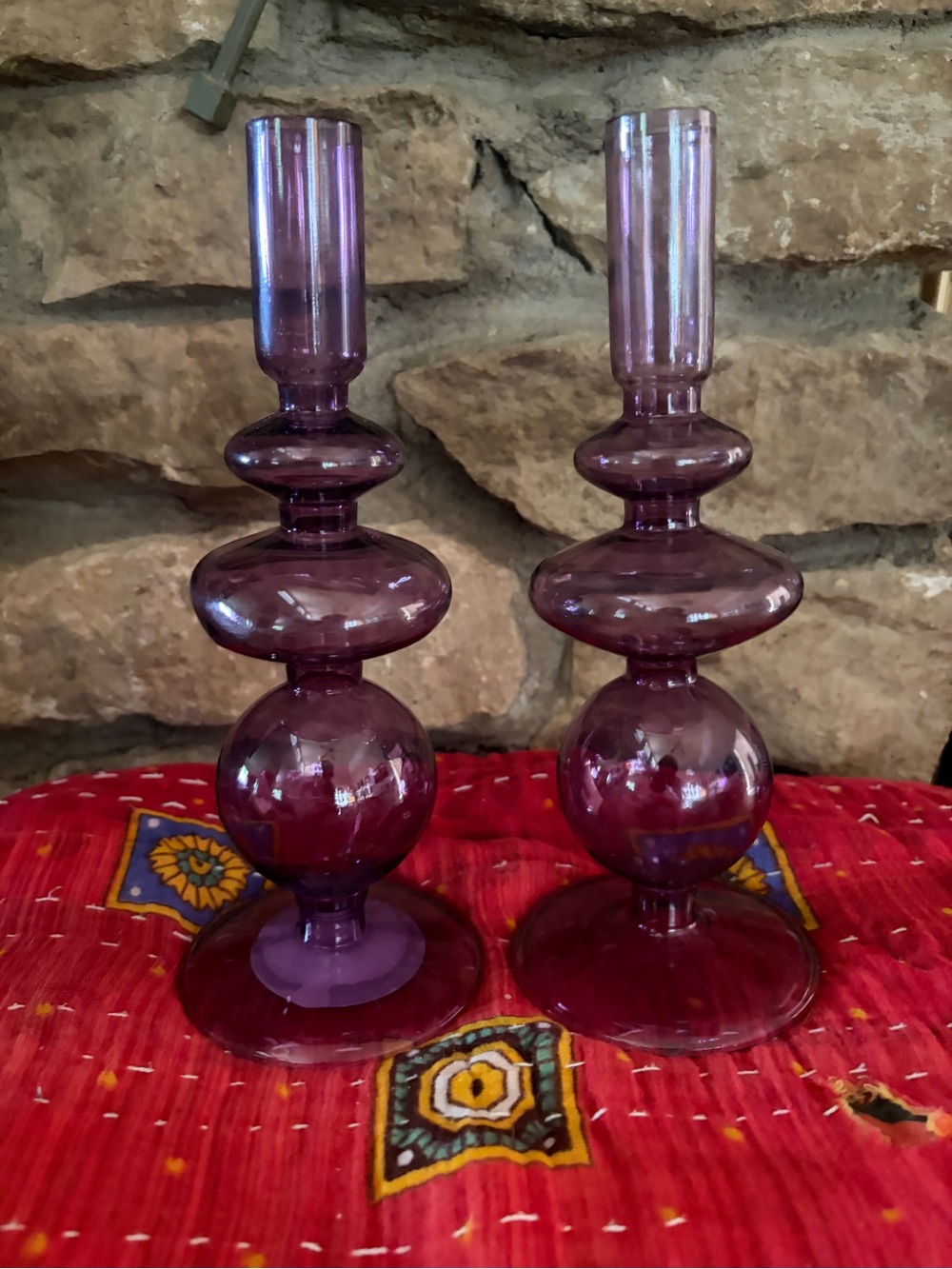 NWT Purple Bubble Glass Taper Candle Candlestick Pair 2 PC 9”